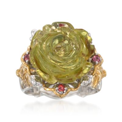 Green Glass Flower Ring With .15 ct. t.w. Diopside in Two-Tone. Size 9 &mdash; Alt Image 1