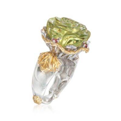 Green Glass Flower Ring With .15 ct. t.w. Diopside in Two-Tone. Size 9 &mdash; Alt Image 3
