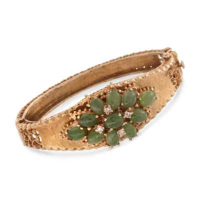 C. 1970 Vintage Green Nephrite and .20 ct. t.w. Diamond Bracelet in 14kt Yellow Gold. 6.5" &mdash; Alt Image 1