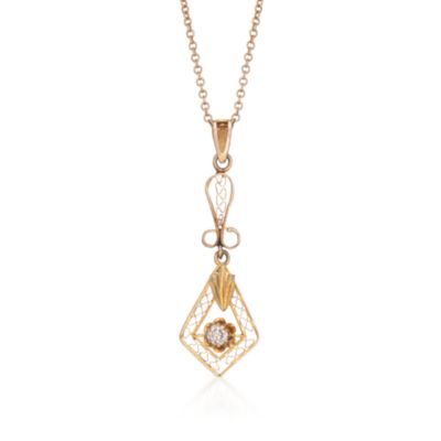 C. 1950 Vintage .10 Carat Engraved Diamond Pendant Necklace in 14kt Yellow Gold. 15.5" &mdash; Alt Image 1