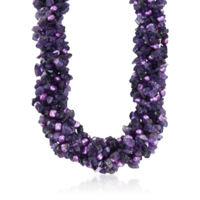Amethyst and Pearl Torsade Necklace in Sterling Silver. 18" &mdash; Alt Image 1