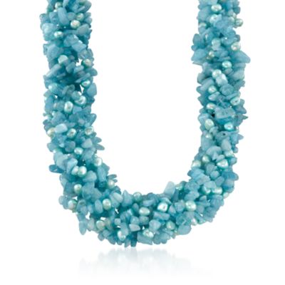 Aquamarine and Pearl Torsade Necklace in Sterling Silver. 18" &mdash; Alt Image 1