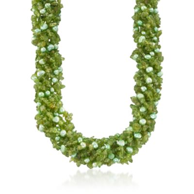 Green Cultured Pearl and Peridot Torsade Necklace in Sterling Silver. 18" &mdash; Alt Image 1