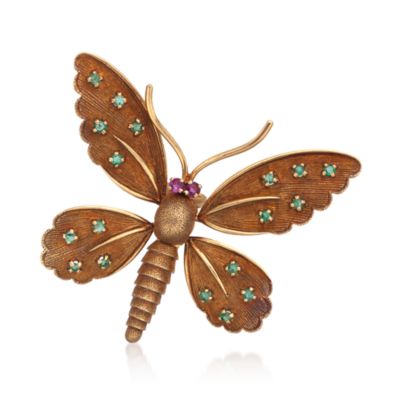 C. 1950 Vintage .75 ct. t.w. Emerald and .12 ct. t.w. Ruby Butterfly Pin in 18kt Yellow Gold &mdash; Alt Image 1