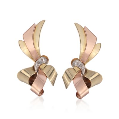C. 1950 Vintage .15 ct. t.w. Diamond Ribbon Earrings in 14kt Tri-Colored Gold &mdash; Alt Image 1