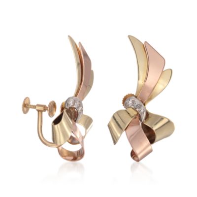 C. 1950 Vintage .15 ct. t.w. Diamond Ribbon Earrings in 14kt Tri-Colored Gold &mdash; Alt Image 3