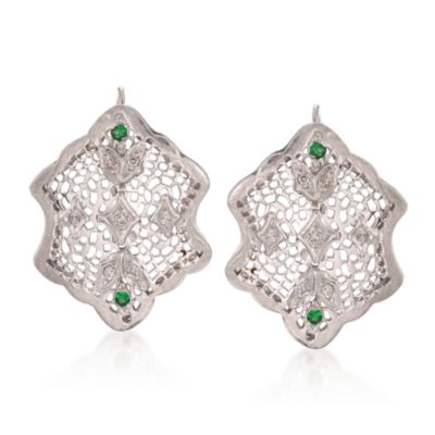 C. 1980 Vintage Faux Emerald and .20 ct. t.w. Diamond Drop Earrings in 14kt White Gold &mdash; Alt Image 1