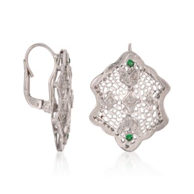 C. 1980 Vintage Faux Emerald and .20 ct. t.w. Diamond Drop Earrings in 14kt White Gold &mdash; Alt Image 3