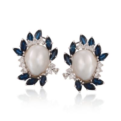 C. 1980 Vintage South Sea Pearl Earrings With Diamonds and Sapphires in 14kt White Gold &mdash; Alt Image 1