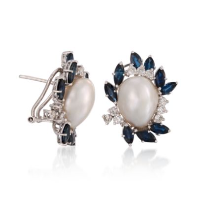 C. 1980 Vintage South Sea Pearl Earrings With Diamonds and Sapphires in 14kt White Gold &mdash; Alt Image 3