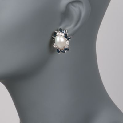 C. 1980 Vintage South Sea Pearl Earrings With Diamonds and Sapphires in 14kt White Gold &mdash; Alt Image 2