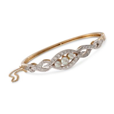 C. 1975 Vintage 5-6mm Cultured Pearl and .70 ct. t.w. Diamond Bracelet in 14kt Yellow Gold. 7" &mdash; Alt Image 1