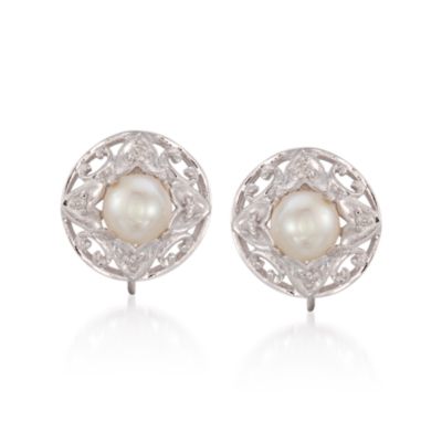 C. 1980 Vintage 6.5mm Cultured Pearl and .10 ct. t.w. Diamond Earrings in 14kt White Gold &mdash; Alt Image 1
