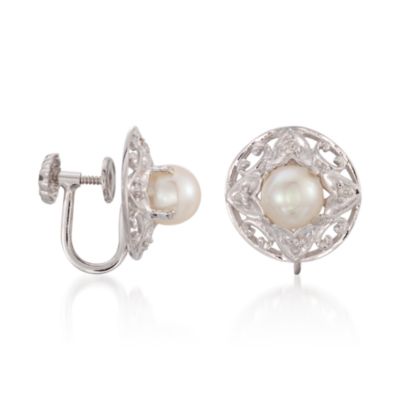 C. 1980 Vintage 6.5mm Cultured Pearl and .10 ct. t.w. Diamond Earrings in 14kt White Gold &mdash; Alt Image 3