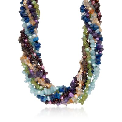 Multi-Gemstone Torsade Necklace in Sterling Silver. 18" &mdash; Alt Image 1