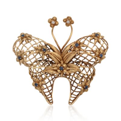 C. 1960 Vintage Tiffany Jewelry .55 ct. t.w. Sapphire and .10 ct. t.w. Diamond Butterfly Pin in 18kt Yellow Gold &mdash; Alt Image 1