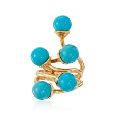 C. 1980 Vintage Turquoise Bead Ring in 18kt Yellow Gold. Size 5 &mdash; Alt Image 1
