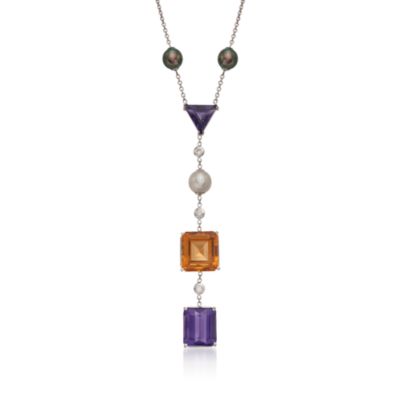 C. 1990 Vintage Cultured Pearl and  40.55 ct. t.w. Multi-Gem Necklace With Diamonds in 14kt White Gold. 18" &mdash; Alt Image 1