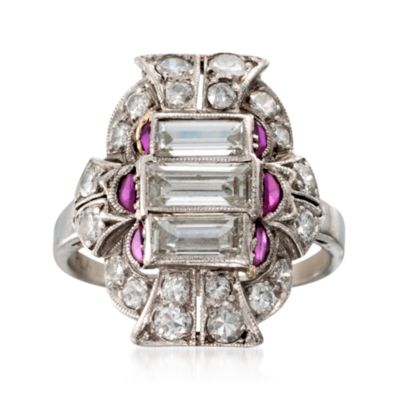 C. 1930 Vintage 1.75 ct. t.w. Diamond Dinner Ring With Faux Rubies in Platinum. Size 5.5 &mdash; Alt Image 1