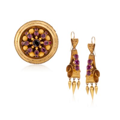 C. 1910 Vintage 6.35 ct. t.w. Garnet Pin and Earring Set in 14kt and 18kt Yellow Gold &mdash; Alt Image 1