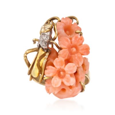 C. 1950 Vintage Carved Coral and Diamond Floral Ring in 14kt Yellow Gold. Size 6.5 &mdash; Alt Image 1