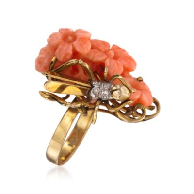 C. 1950 Vintage Carved Coral and Diamond Floral Ring in 14kt Yellow Gold. Size 6.5 &mdash; Alt Image 3
