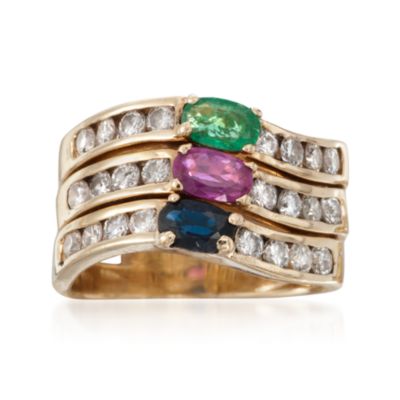 C.1990 Vintage .66 ct. t.w. Multi-Gem and 1.00 ct. t.w. Diamond Ring in 14kt Yellow Gold. Size 5.5 &mdash; Alt Image 1