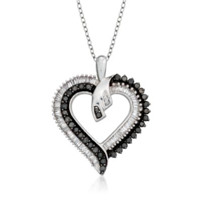1.00 Carat t.w. Black and White Diamond Open Heart Pendant Necklace in Sterling Silver. 18" &mdash; Alt Image 1