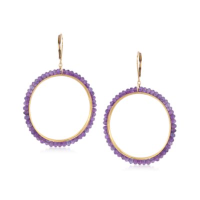 Amethyst Bead Drop Hoop Earrings in 14kt Gold Over Sterling &mdash; Alt Image 1