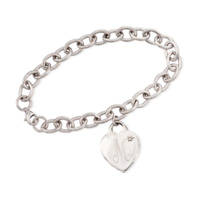 Engravable Sterling Silver Heart Charm Bracelet With Diamond &mdash; Alt Image 1