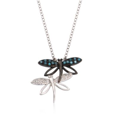 .14 ct. t.w. White and Blue Diamond Dragonfly Necklace in Sterling Silver. 18" &mdash; Alt Image 1