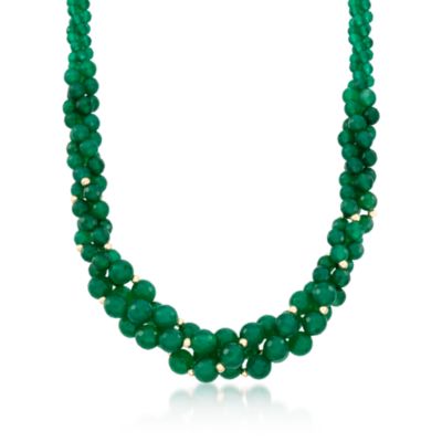 Graduated Three-Strand Green Agate Bead Necklace in 14kt Yellow Gold &mdash; Alt Image 1