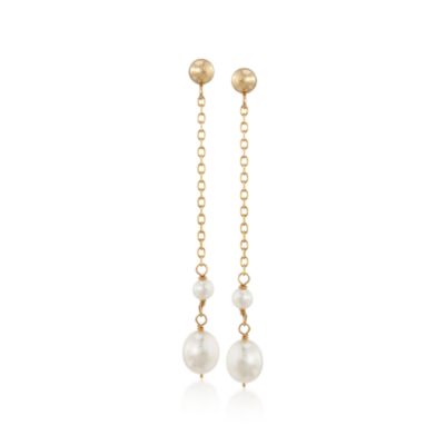 Cultured Pearl Drop Chain Earrings in 14kt Yellow Gold &mdash; Alt Image 1