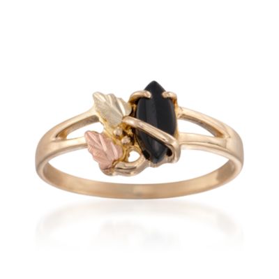 C. 1980 Vintage Marquise Cabochon Black Onyx Leaves Ring in 10kt Tri-Colored Gold. Size 8 &mdash; Alt Image 1