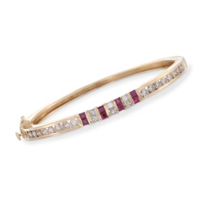 C. 1980 Vintage 1.20 ct. t.w. Ruby and 2.70 ct. t.w. Diamond Bangle Bracelet in 14kt Yellow Gold. 7" &mdash; Alt Image 1