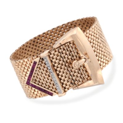 C. 1970 Vintage 1.65 ct. t.w. Ruby and .60 ct. t.w. Diamond Buckle Bracelet in 14kt Yellow Gold &mdash; Alt Image 1