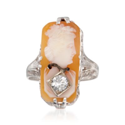C. 1950 Vintage Carved Shell and .25 Carat White Zircon Cameo Ring in 14kt White Gold. Size 4.5 &mdash; Alt Image 1