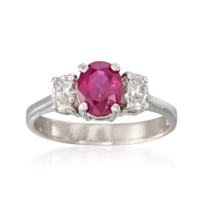 C. 1990 Vintage 1.60 Carat Ruby and .60 ct. t.w. Diamond 3-Stone Ring in Platinum. Size 8 &mdash; Alt Image 1