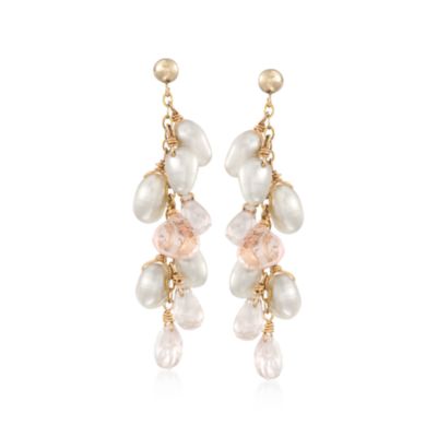 Cultured Pearl and Rose Quartz Drop Earrings in 14kt Yellow Gold &mdash; Alt Image 1
