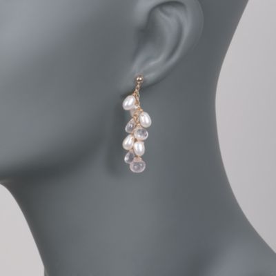 Cultured Pearl and Rose Quartz Drop Earrings in 14kt Yellow Gold &mdash; Alt Image 2