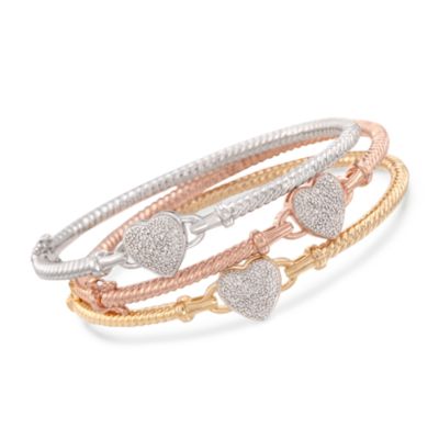 Set of Three .45 ct. t.w. Pave Diamond Heart Bangle Bracelets in Two-Tone. Size 7 &mdash; Alt Image 1