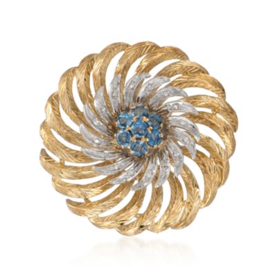 C. 1970 Vintage 1.40 ct. t.w. Sapphire and .10 ct. t.w. Diamond Floral Swirl Pin in 18kt Two-Tone Gold &mdash; Alt Image 1