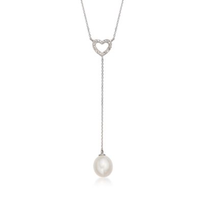 8mm Cultured Pearl and Diamond Heart Y-Necklace in 14kt White Gold &mdash; Alt Image 1