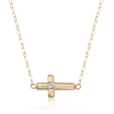 14kt Yellow Gold Tiny Sideways Cross Symbol Necklace With Swarovski Crystal &mdash; Alt Image 1