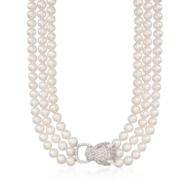 7-8mm Pearl and 3.00 ct. t.w. White Topaz Panther Necklace With .15 ct. t.w. Diamonds in Sterling Silver. 18" &mdash; Alt Image 1
