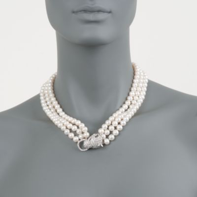7-8mm Pearl and 3.00 ct. t.w. White Topaz Panther Necklace With .15 ct. t.w. Diamonds in Sterling Silver. 18" &mdash; Alt Image 2