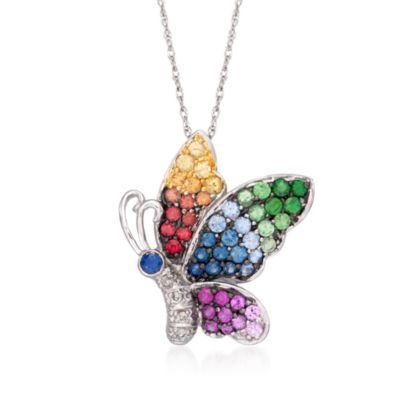 .74 ct. t.w. Multicolored Sapphire and .20 ct. t.w. Green Garnet Butterfly Pendant Necklace in 14kt White Gold. 18" &mdash; Alt Image 1