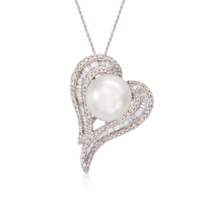 South Sea Cultured Pearl and Diamond Asymmetrical Heart Necklace in 18kt White Gold. 18" &mdash; Alt Image 1