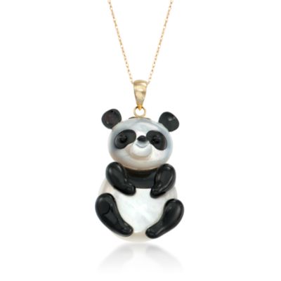 Black Agate and Mother-Of-Pearl Panda Pendant Necklace in 14kt Yellow Gold. 18" &mdash; Alt Image 1