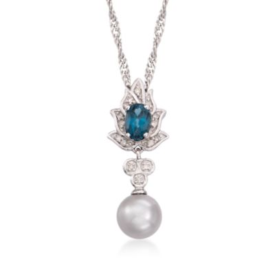 .20 Carat London Blue Topaz and Gray Cultured Pearl Drop Pendant Necklace in Sterling Silver. 18" &mdash; Alt Image 1